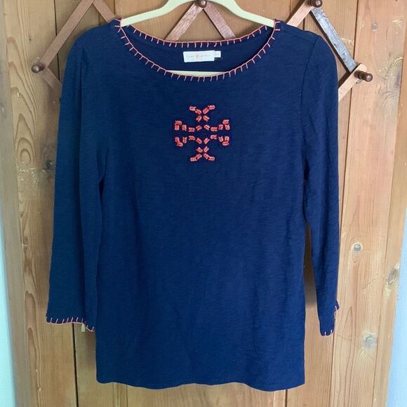 Tory Burch Jayda blue long sleeve beaded Tee top - Picture 1 of 8